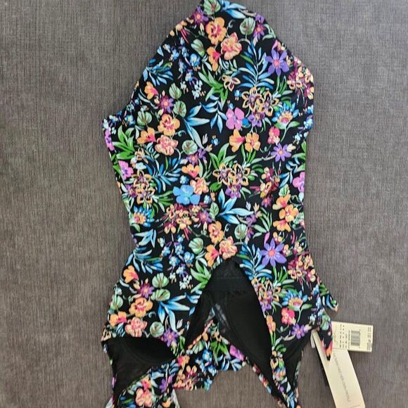 Gottex Flora Floral Tie Front black V-neck Shirred One Piece Swimsuit Size 12 - Picture 13 of 16